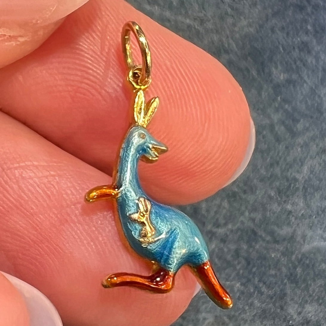 14k Gold Mama + Baby KANGAROO Pendant. Blue Enamel TINY!