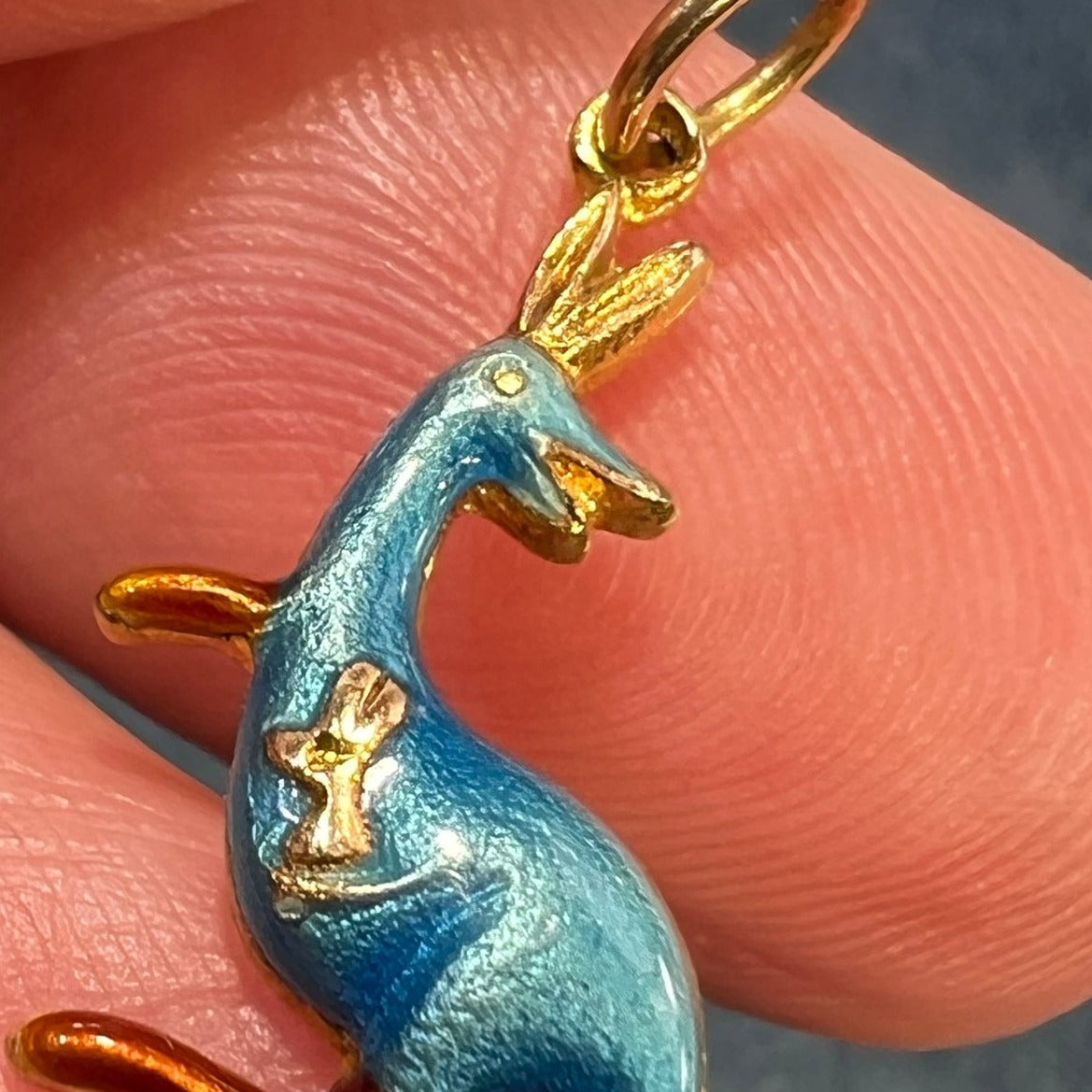 14k Gold Mama + Baby KANGAROO Pendant. Blue Enamel TINY!