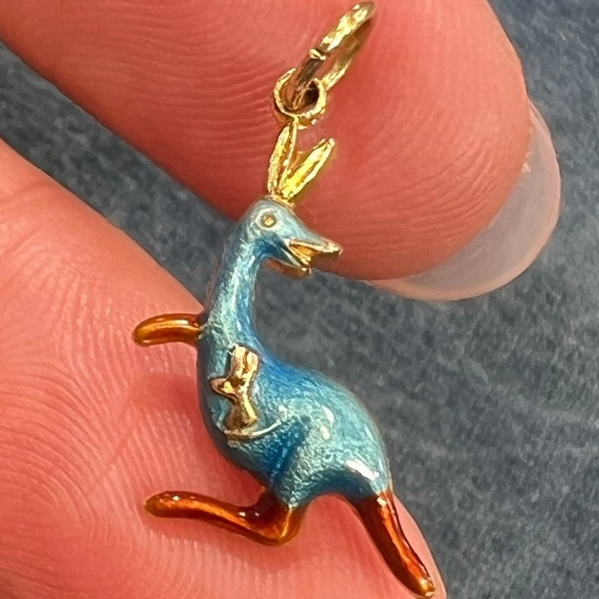 14k Gold Mama + Baby KANGAROO Pendant. Blue Enamel TINY!