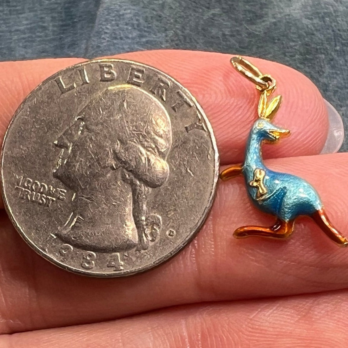 14k Gold Mama + Baby KANGAROO Pendant. Blue Enamel TINY!