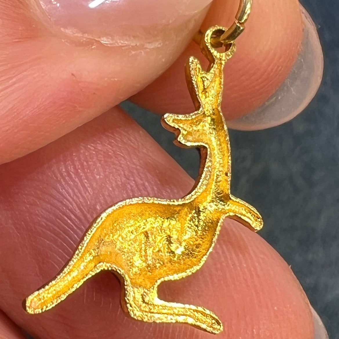 14k Gold Mama + Baby KANGAROO Pendant. Blue Enamel TINY!