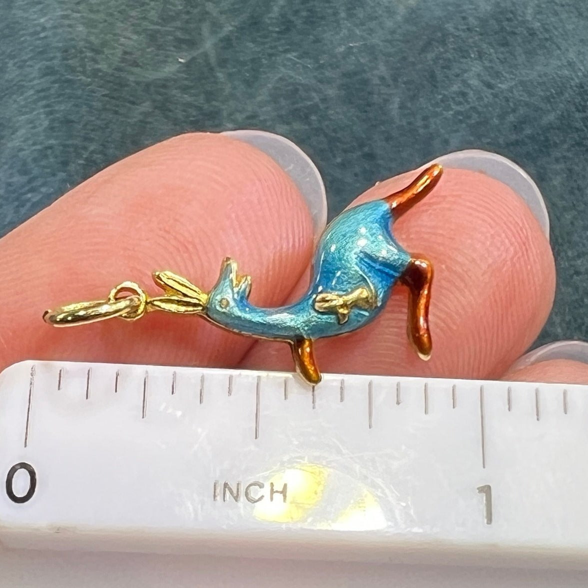 14k Gold Mama + Baby KANGAROO Pendant. Blue Enamel TINY!