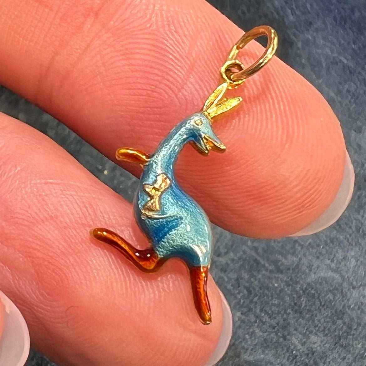 14k Gold Mama + Baby KANGAROO Pendant. Blue Enamel TINY!