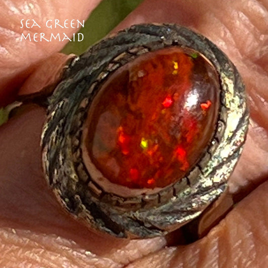 14k Gold Mexican Fire Boulder Opal Ring. Wide Frame **VIDEO**
