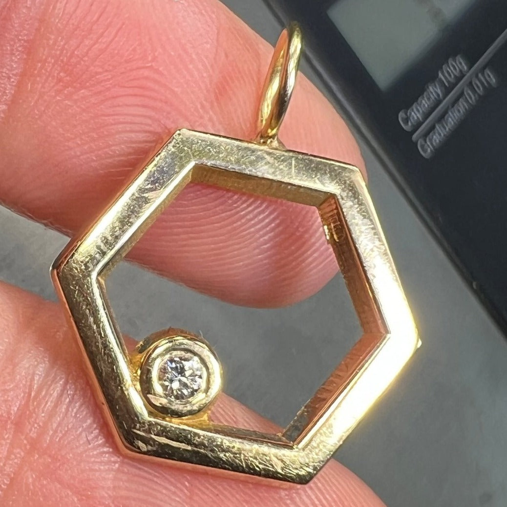 14k Gold Modern Hexagon Pendant w Bezel-Set Diamond. 1"