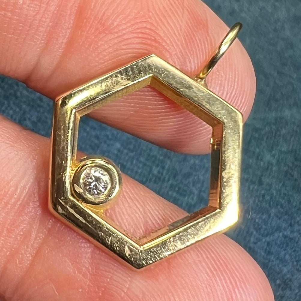 14k Gold Modern Hexagon Pendant w Bezel-Set Diamond. 1"