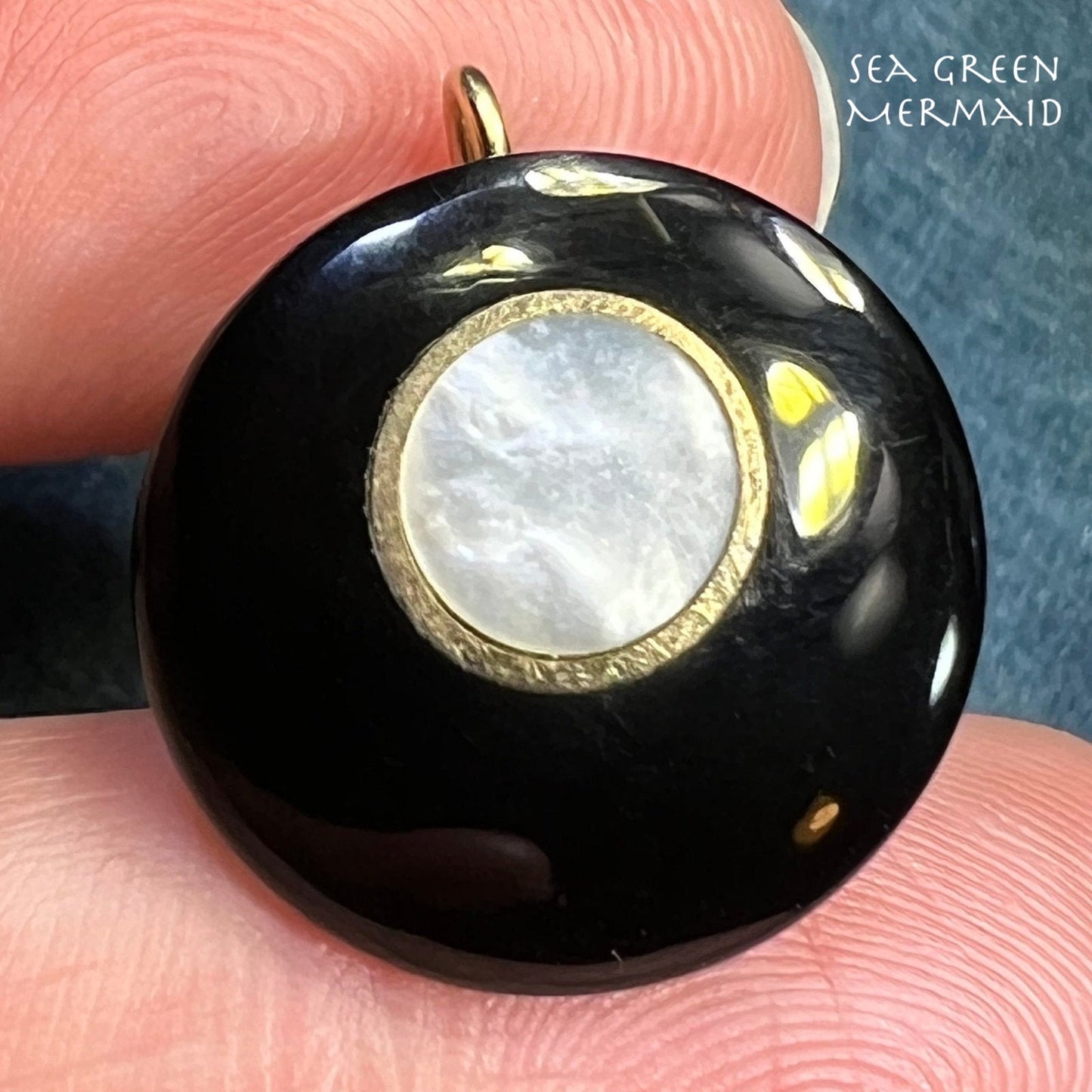 14k Gold Mother of Pearl Inlaid in Onyx Pendant. Full Moon in Dark Sky