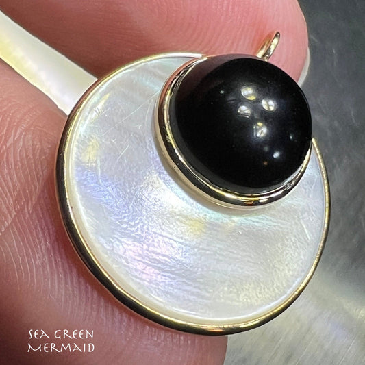 14k Gold Mother of Pearl + Onyx Pendant. Full Moon / Lunar Eclipse