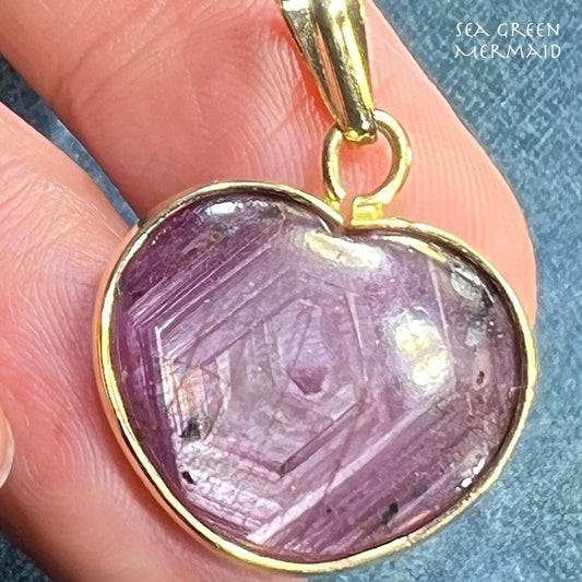 14k Gold Natural Purple Ruby Heart Pendant. 1"