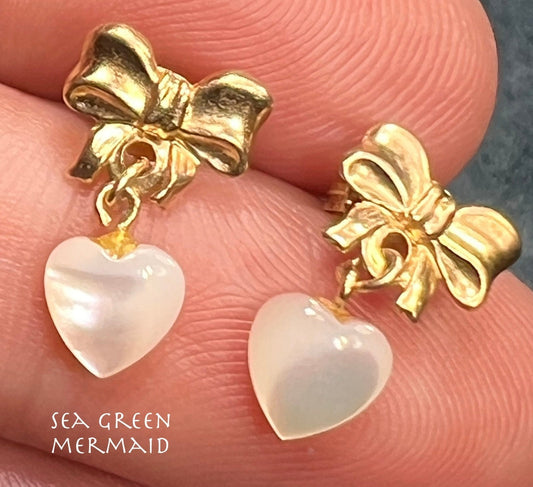 14k Gold RIbbon Bow + Carved MOP Mother of Pearl Heart Earrings. Tiny!