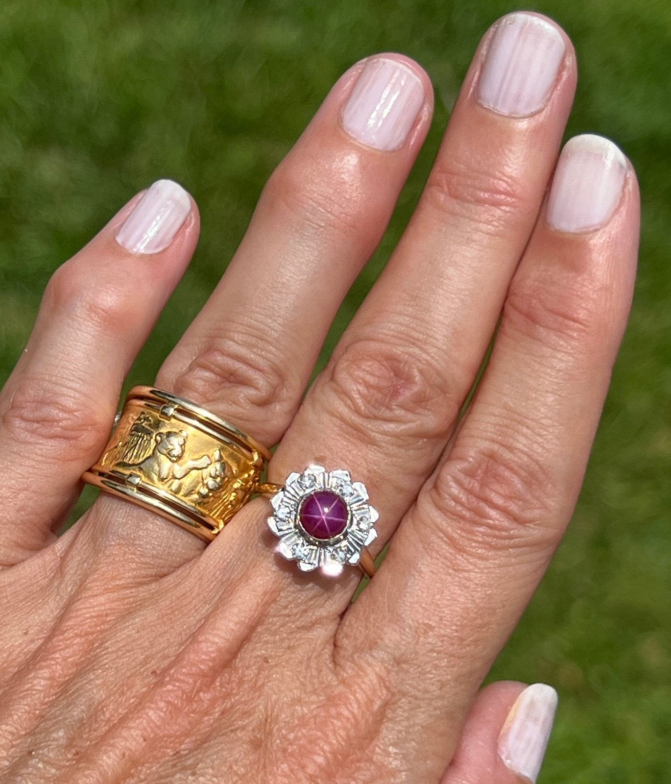 14k Gold Red Star Ruby Ring w Diamond Flower Halo *Video*