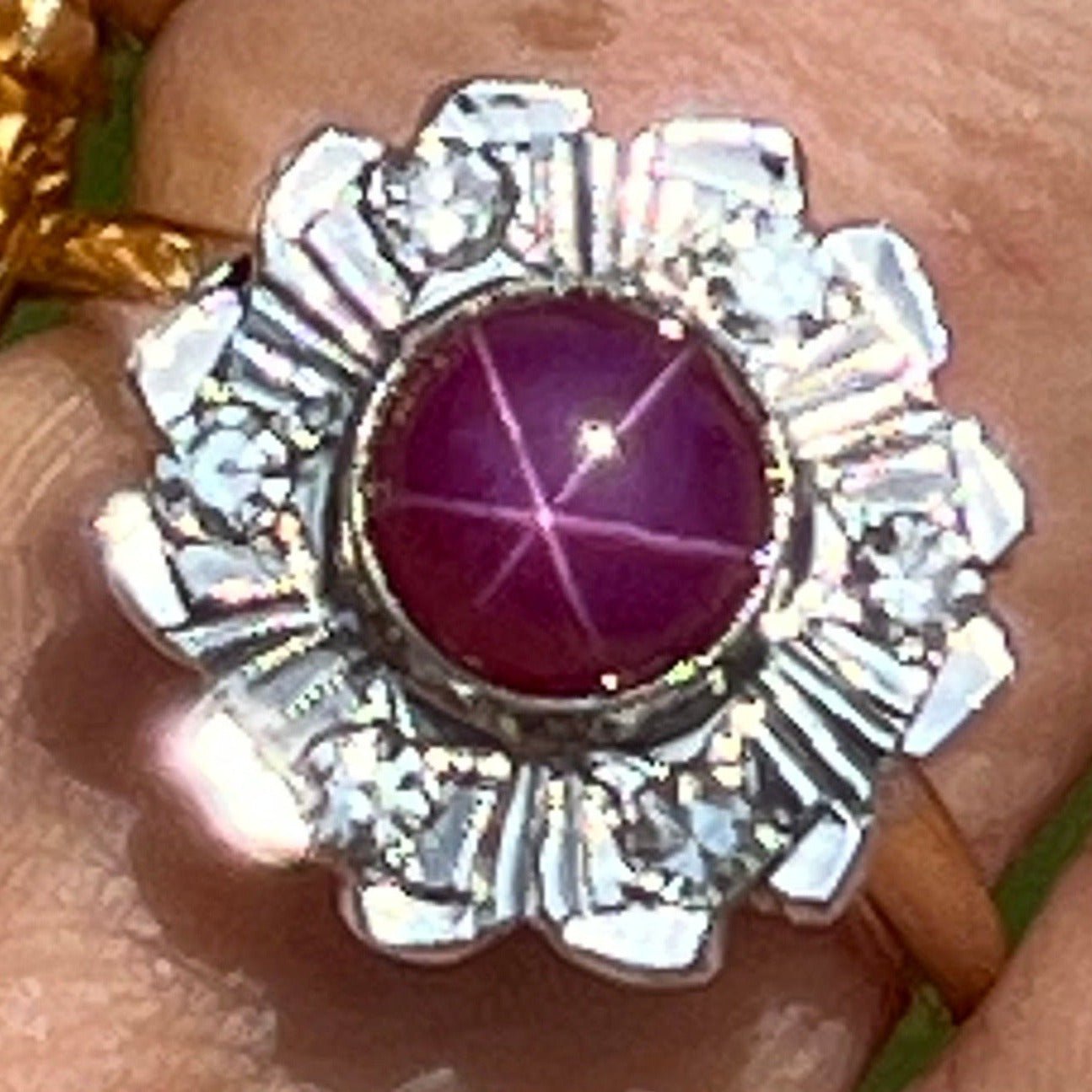 14k Gold Red Star Ruby Ring w Diamond Flower Halo *Video*