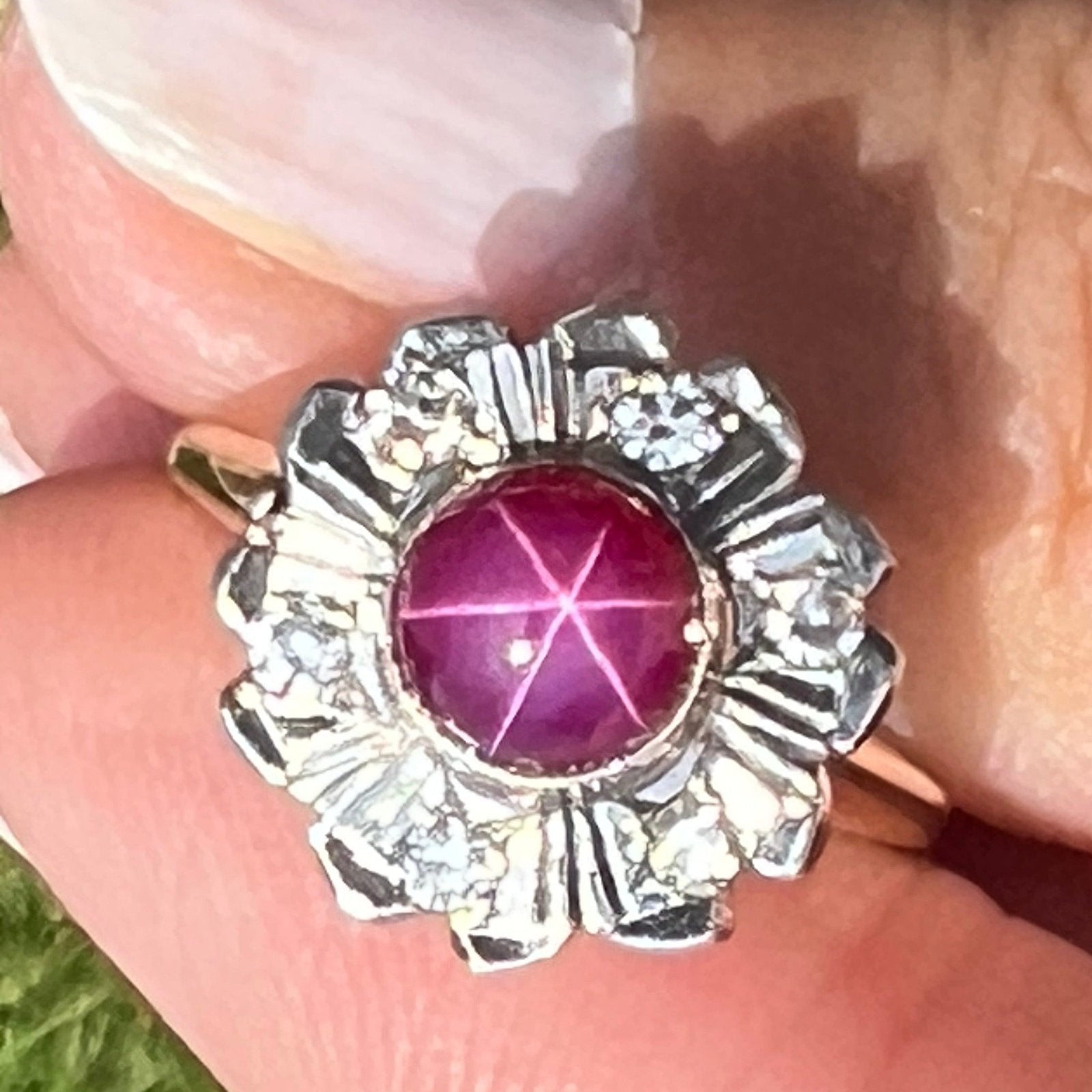 14k Gold Red Star Ruby Ring w Diamond Flower Halo *Video*