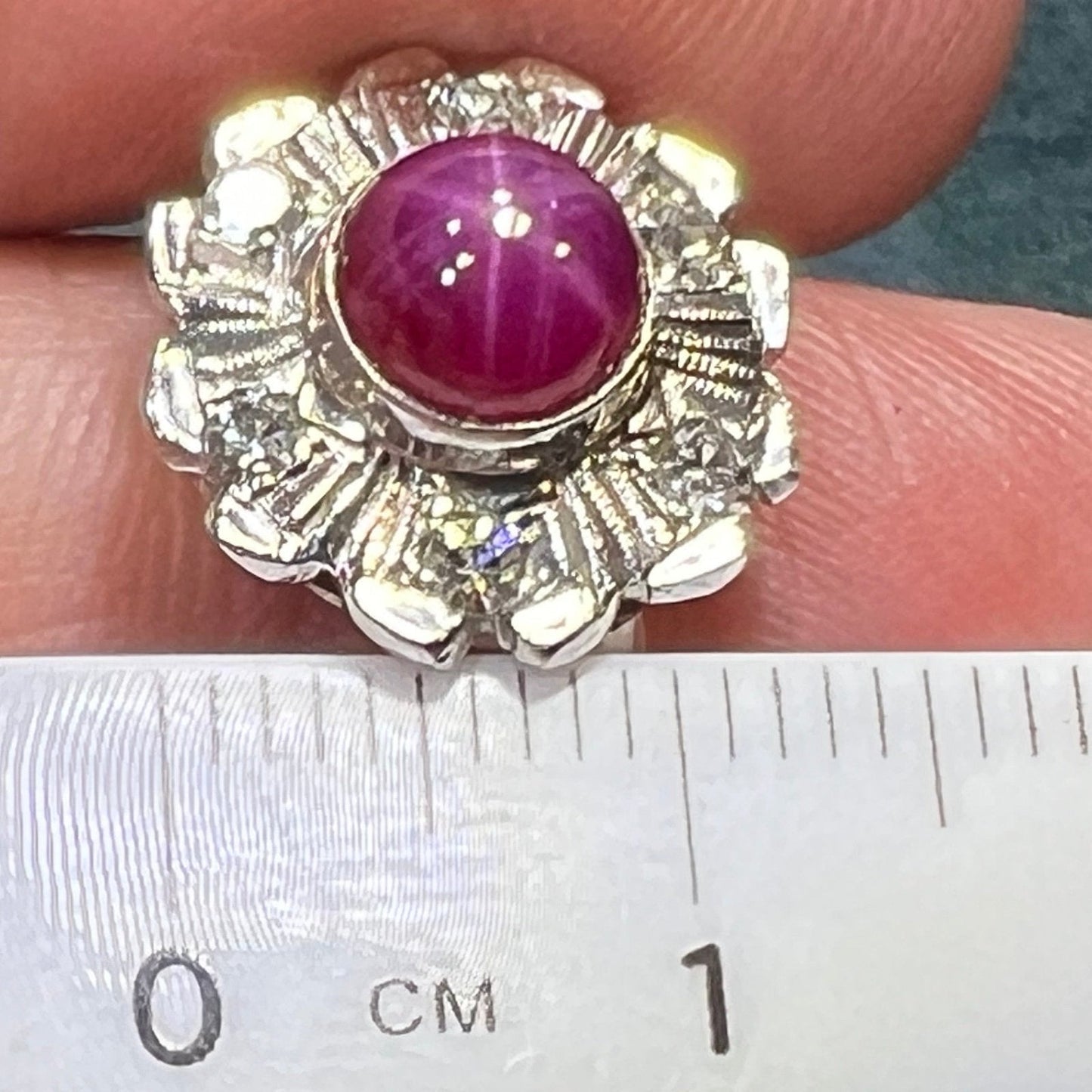 14k Gold Red Star Ruby Ring w Diamond Flower Halo *Video*