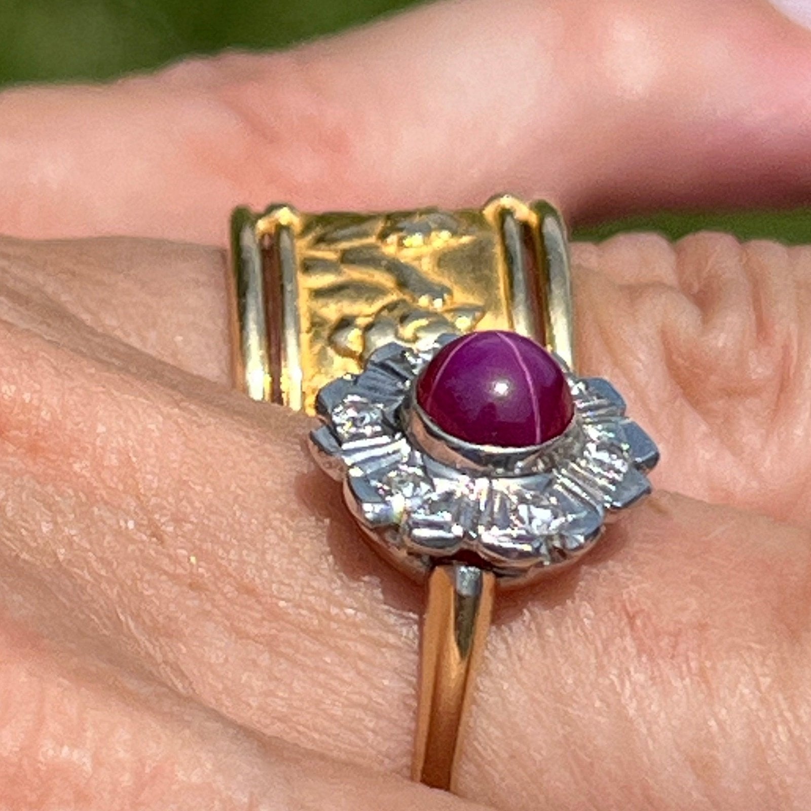 14k Gold Red Star Ruby Ring w Diamond Flower Halo *Video*