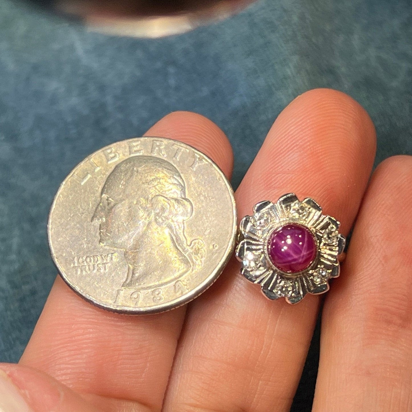 14k Gold Red Star Ruby Ring w Diamond Flower Halo *Video*