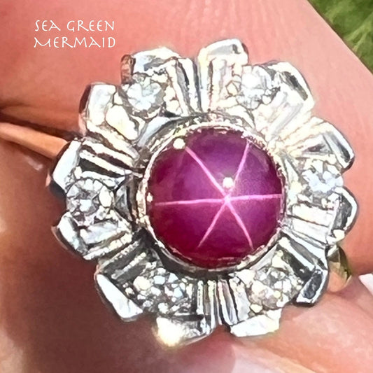 14k Gold Red Star Ruby Ring w Diamond Flower Halo *Video*