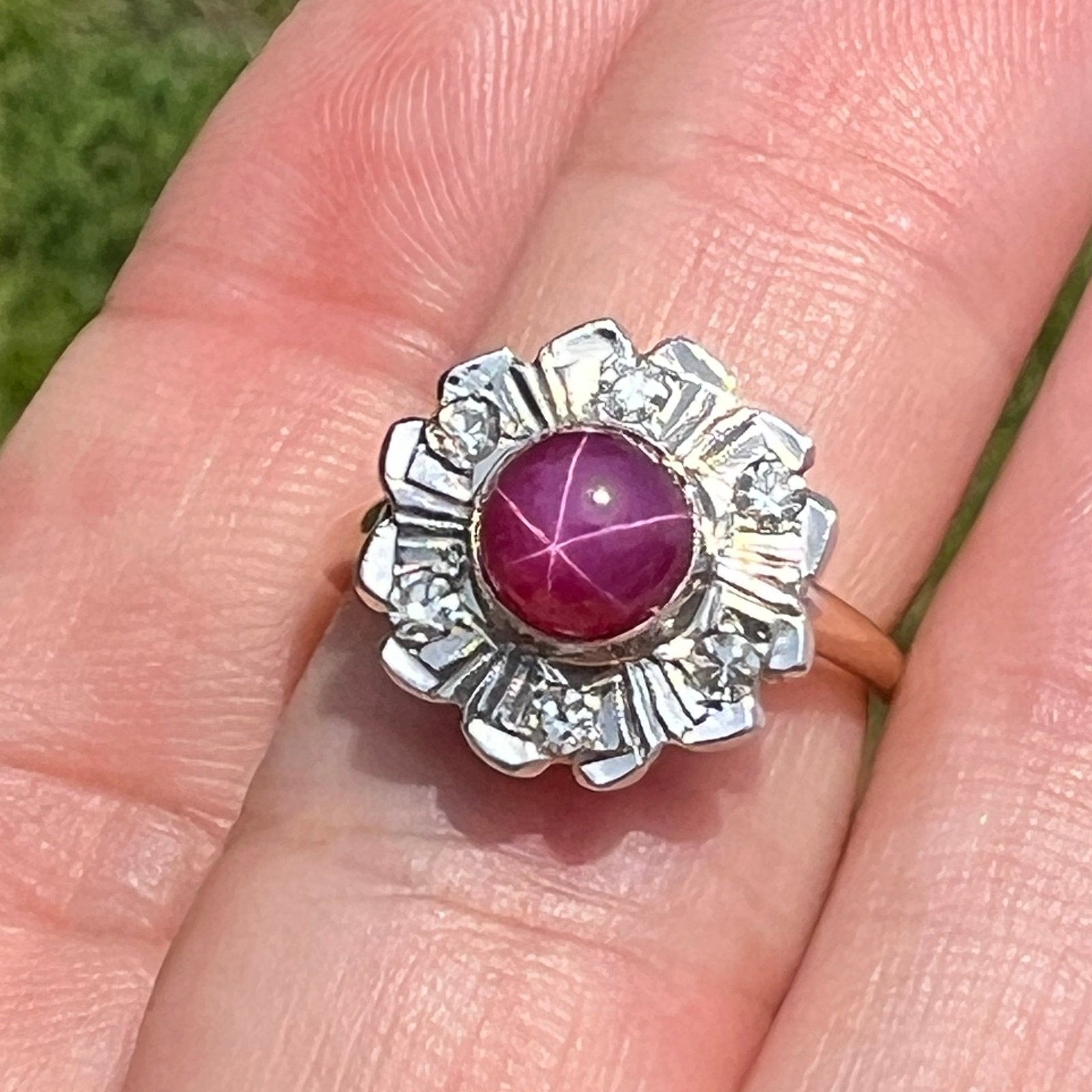 14k Gold Red Star Ruby Ring w Diamond Flower Halo *Video*