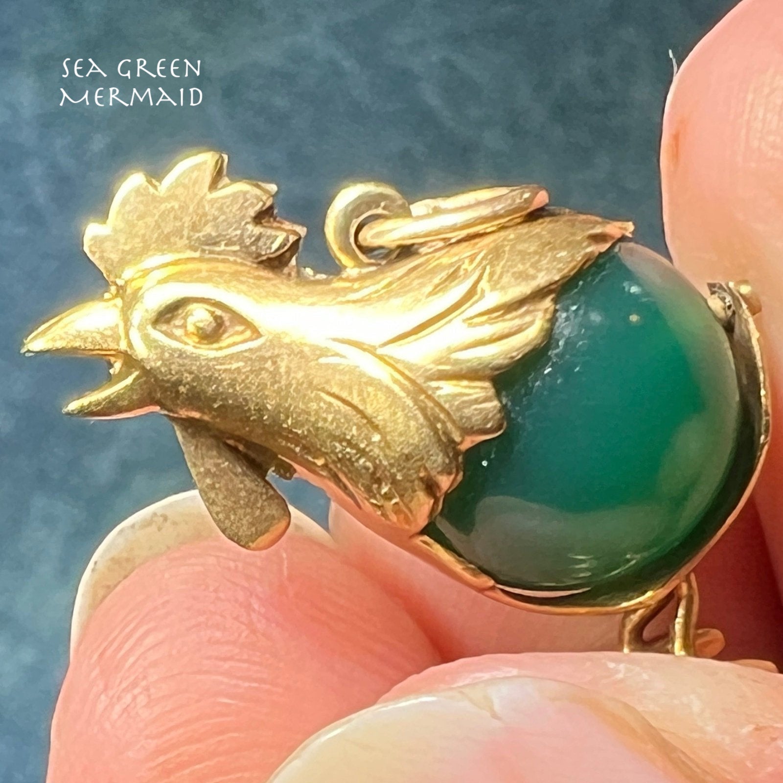 14k Gold Rooster Chicken Pendant w Jade Jelly Belly. German