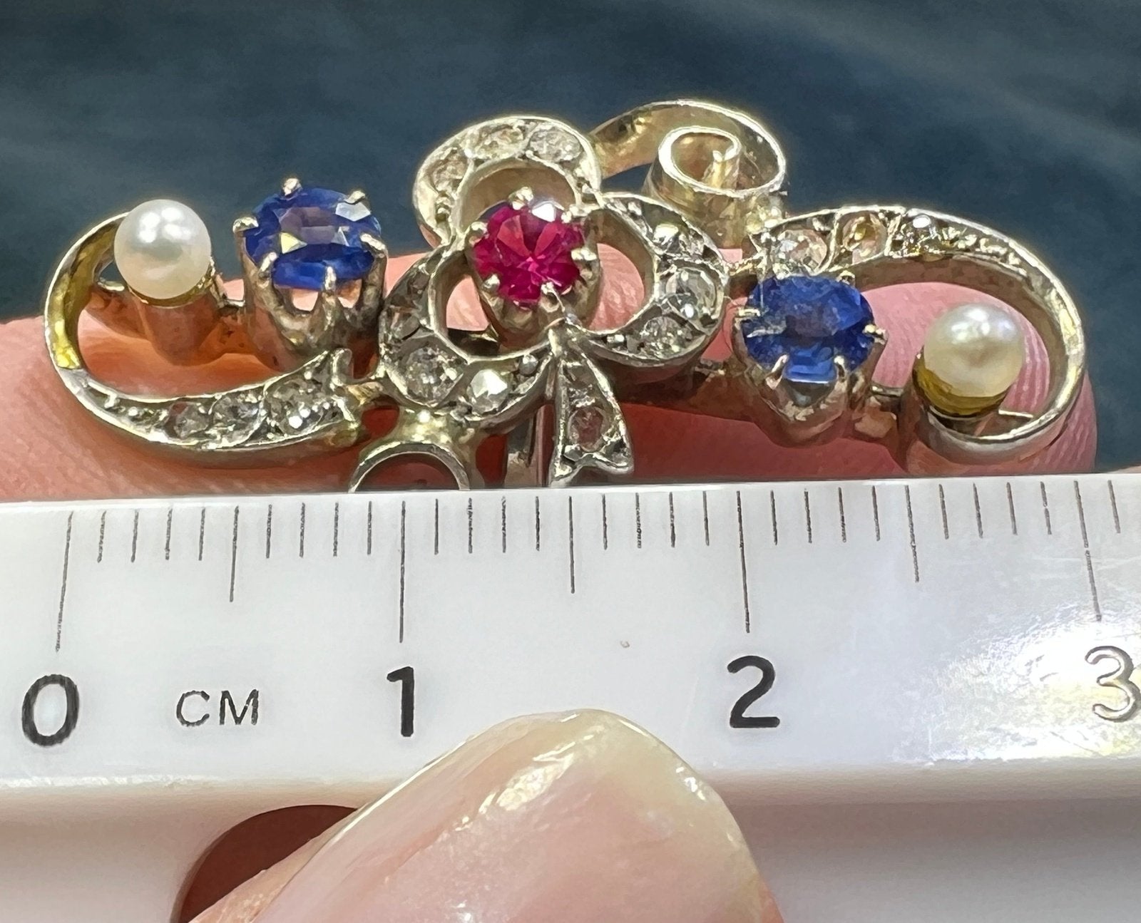 14k Gold Rose-Cut Diamond + Sapphire Silver-Top Ring. Victorian 1.3"