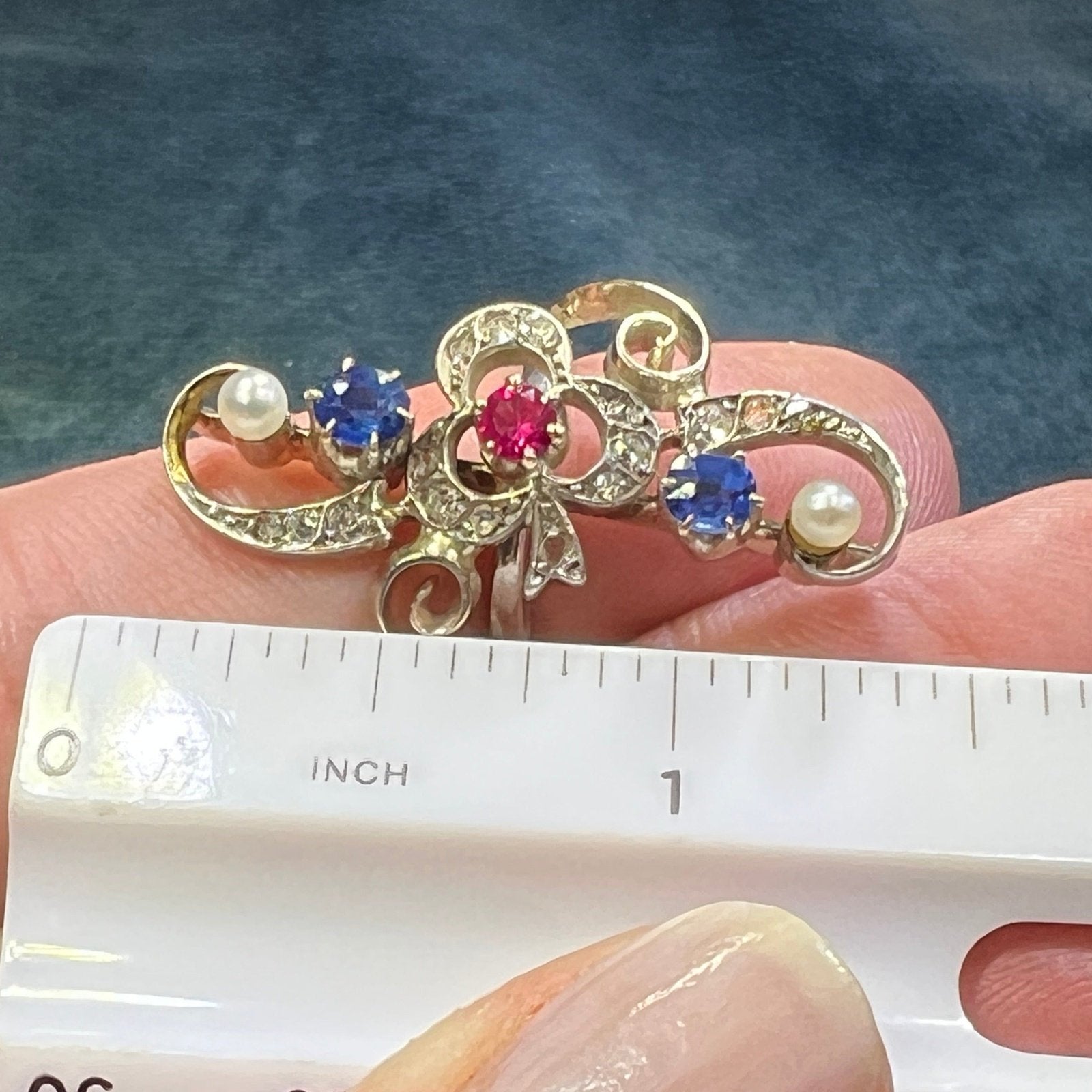 14k Gold Rose-Cut Diamond + Sapphire Silver-Top Ring. Victorian 1.3"