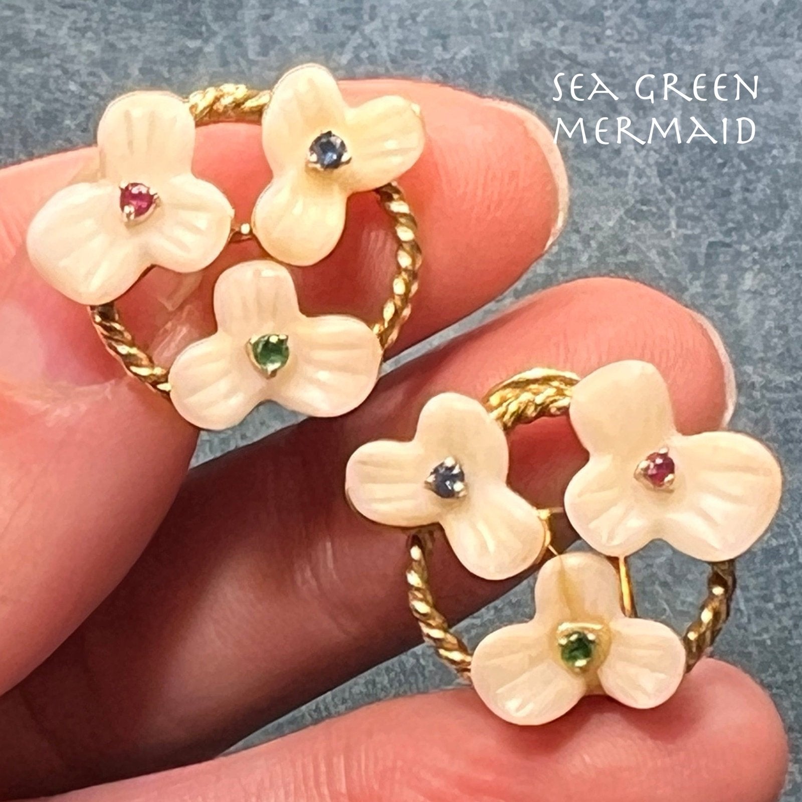 14k Gold Sapphire Ruby + Emerald Flower Omega Back Earrings. 10g + 3/4"