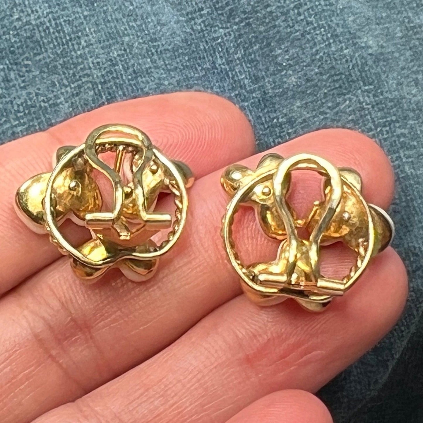 14k Gold Sapphire Ruby + Emerald Flower Omega Back Earrings. 10g + 3/4"