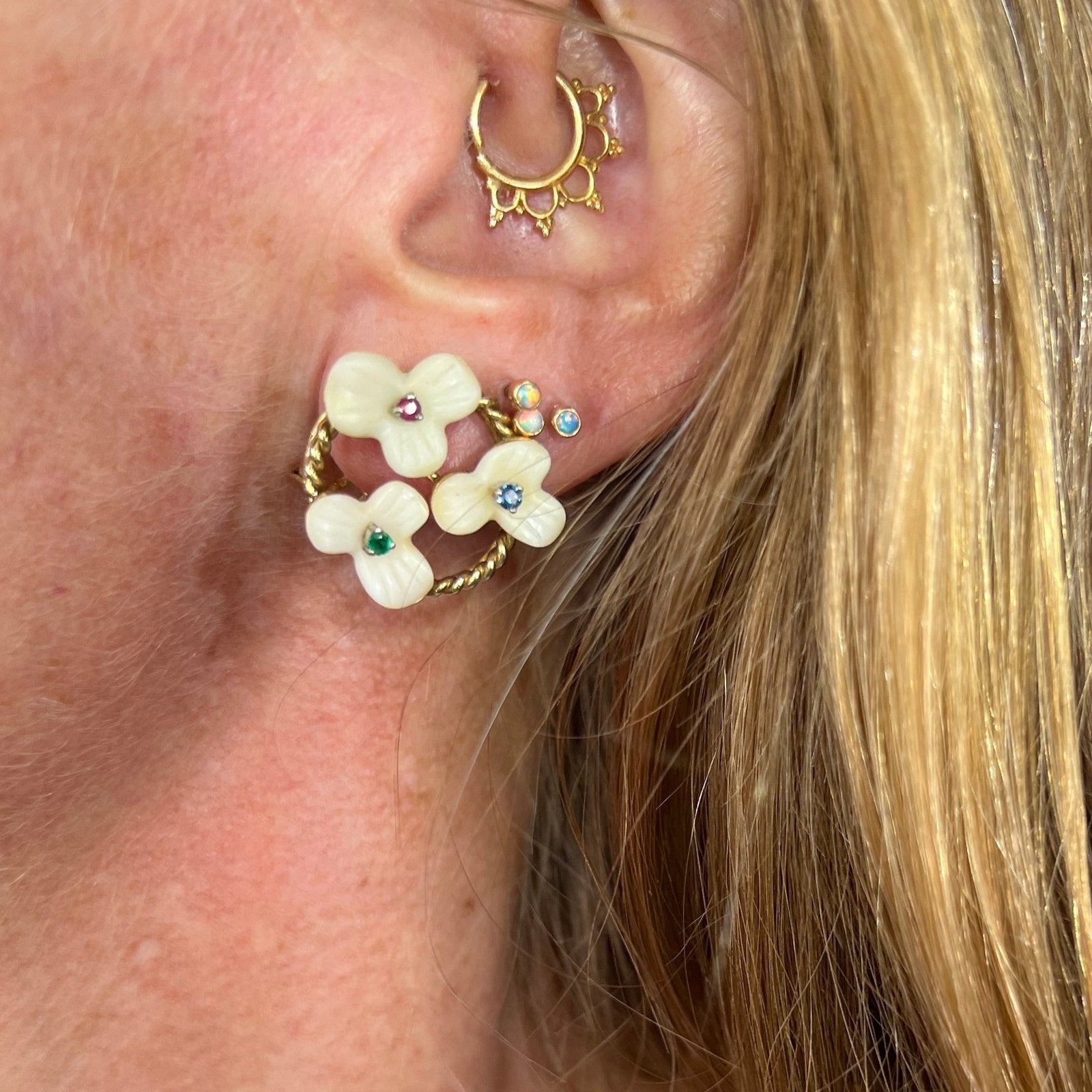 14k Gold Sapphire Ruby + Emerald Flower Omega Back Earrings. 10g + 3/4"