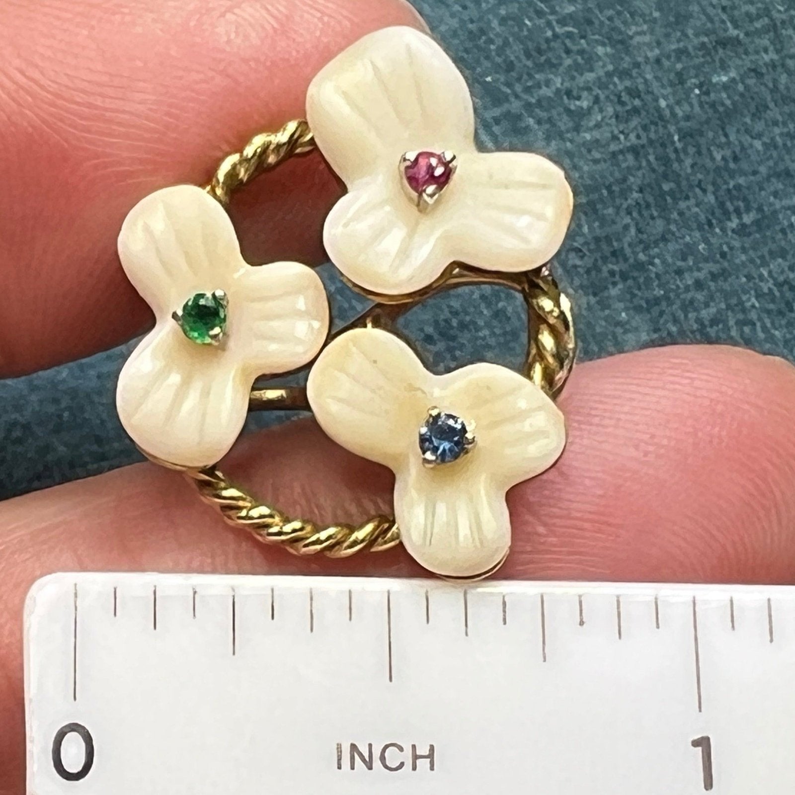 14k Gold Sapphire Ruby + Emerald Flower Omega Back Earrings. 10g + 3/4"