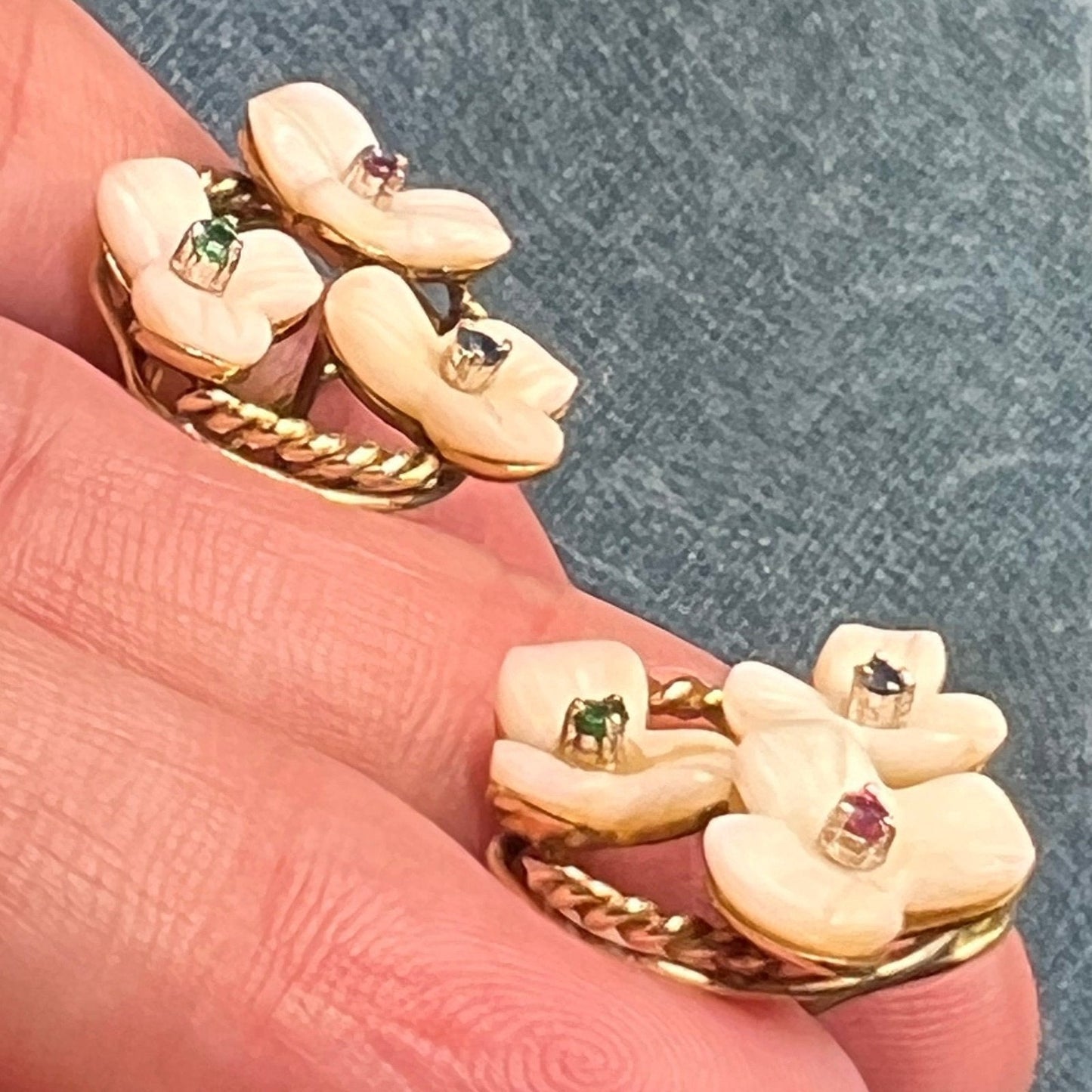 14k Gold Sapphire Ruby + Emerald Flower Omega Back Earrings. 10g + 3/4"