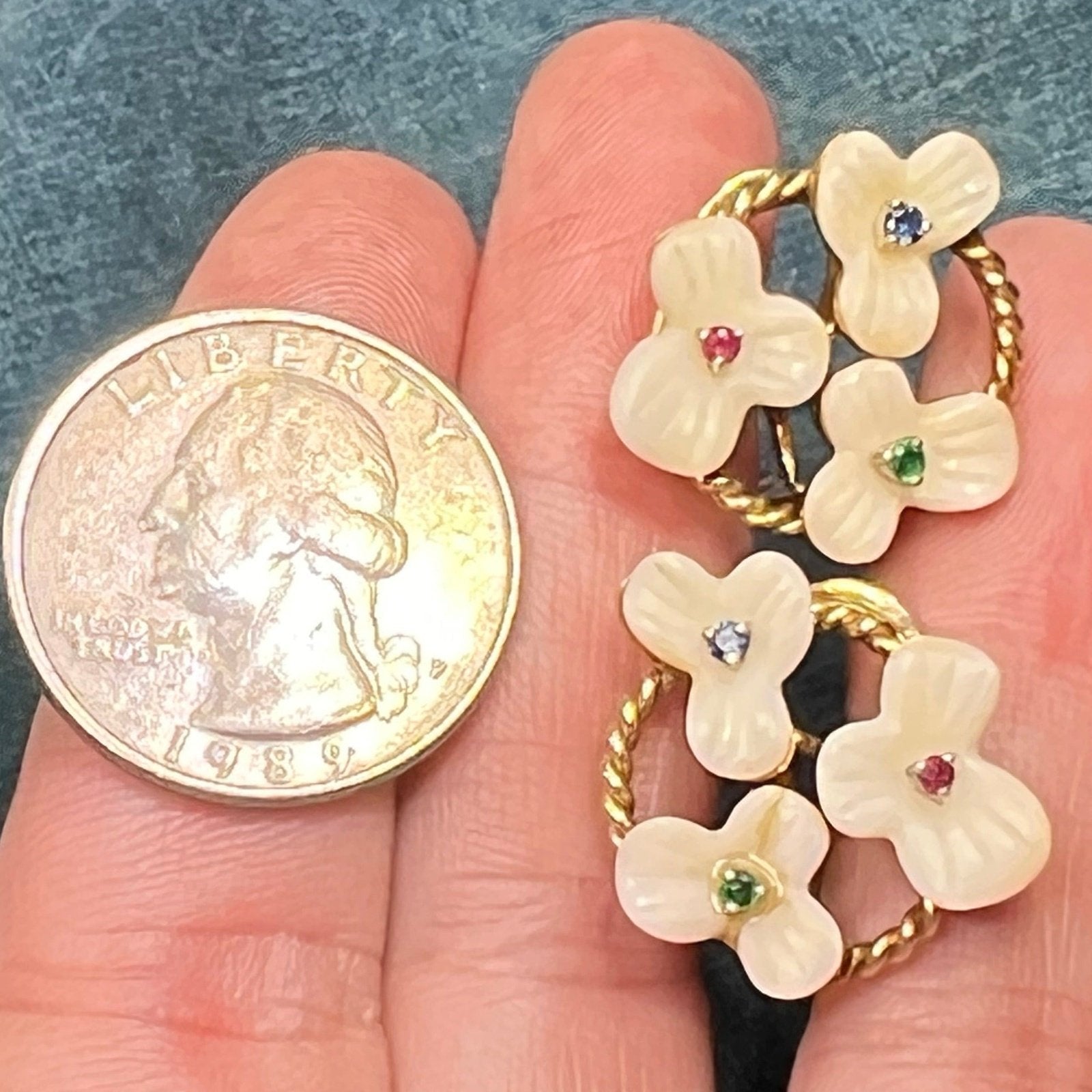 14k Gold Sapphire Ruby + Emerald Flower Omega Back Earrings. 10g + 3/4"