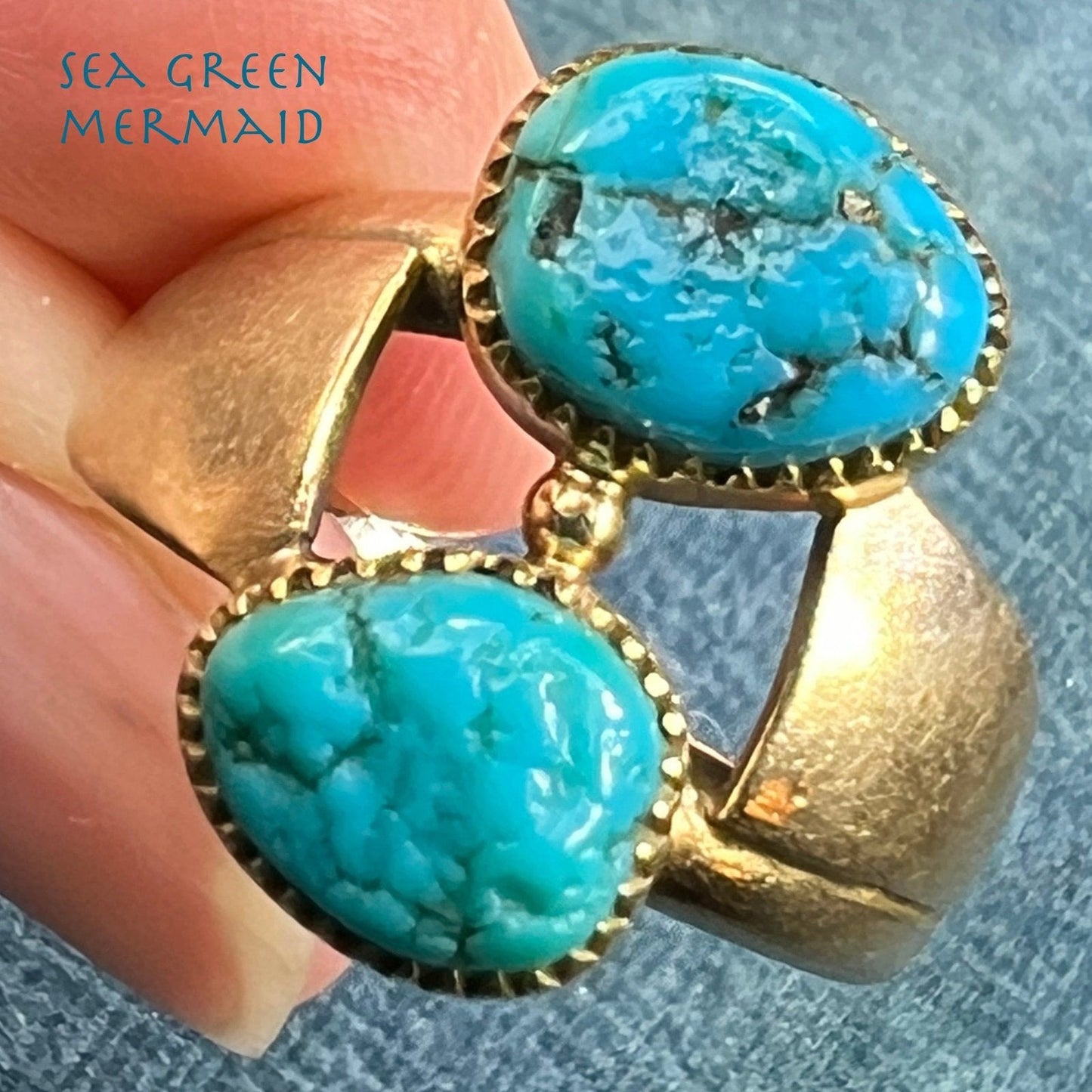 14k Gold Spiderweb Turquoise 2-Stone Ring. 3/4" Wide
