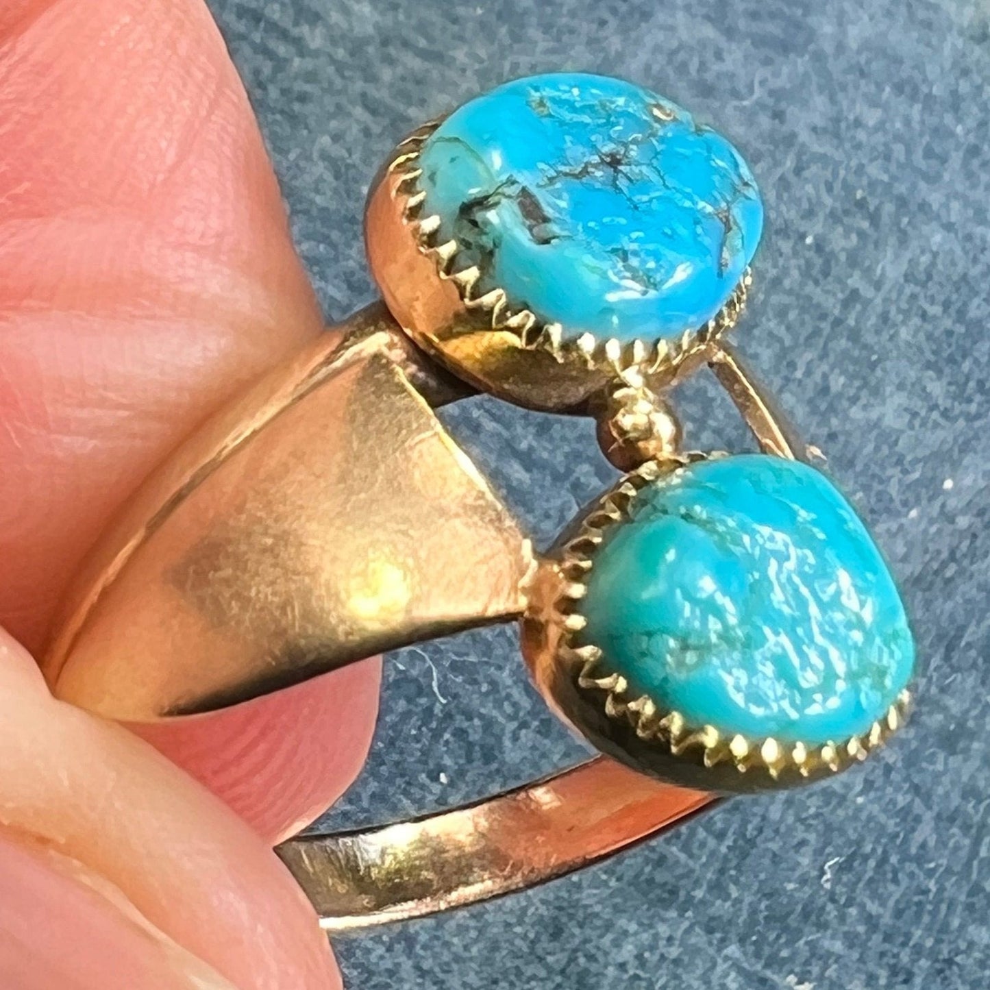 14k Gold Spiderweb Turquoise 2-Stone Ring. 3/4" Wide
