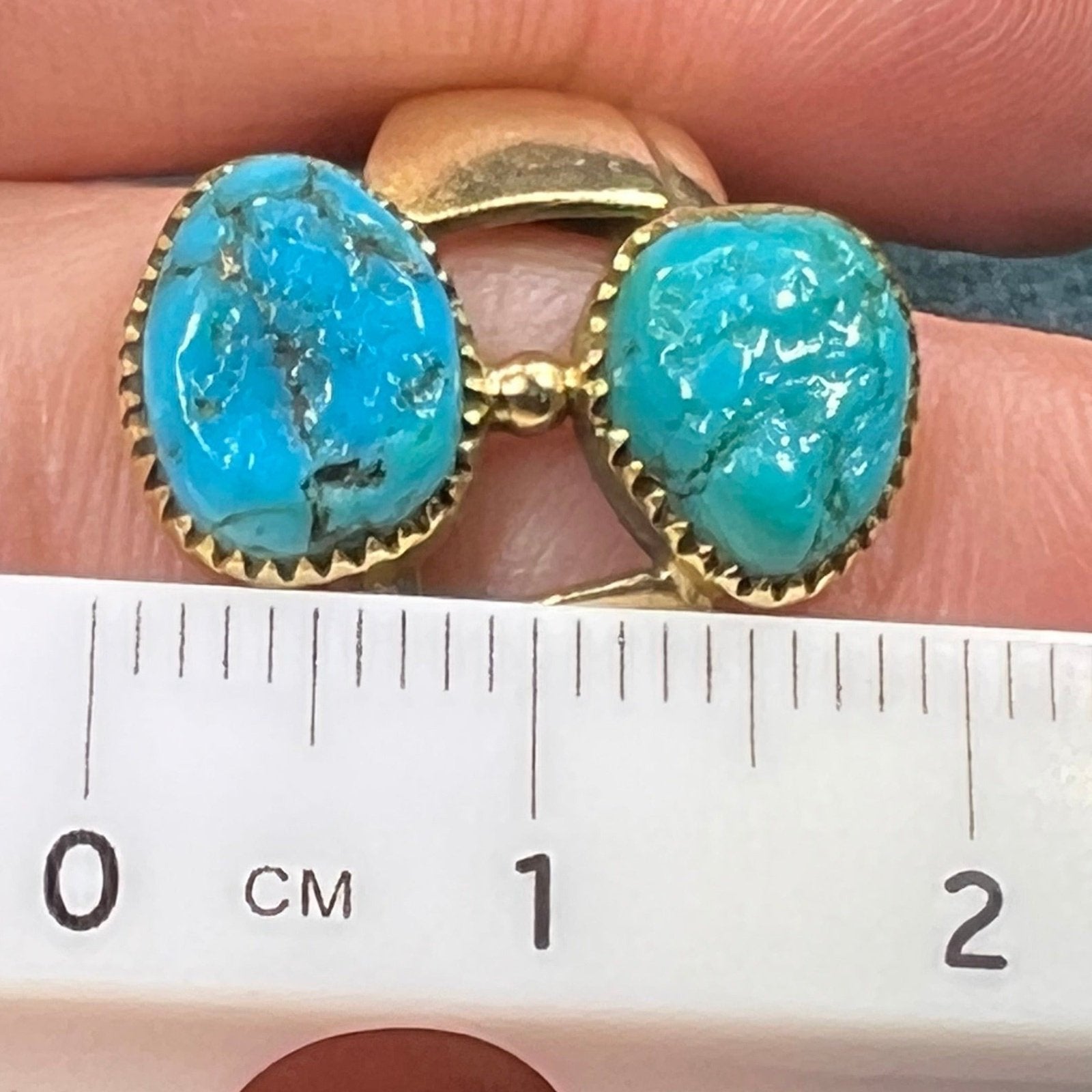 14k Gold Spiderweb Turquoise 2-Stone Ring. 3/4" Wide