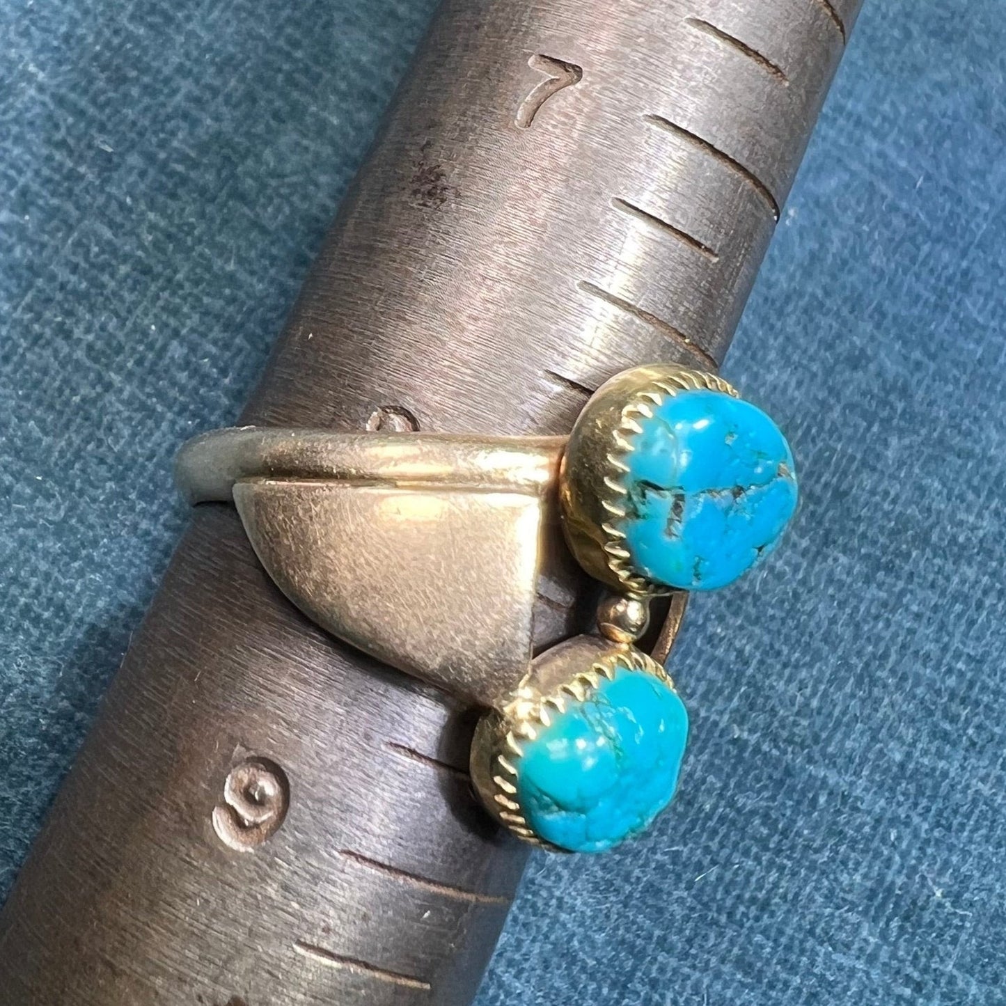 14k Gold Spiderweb Turquoise 2-Stone Ring. 3/4" Wide