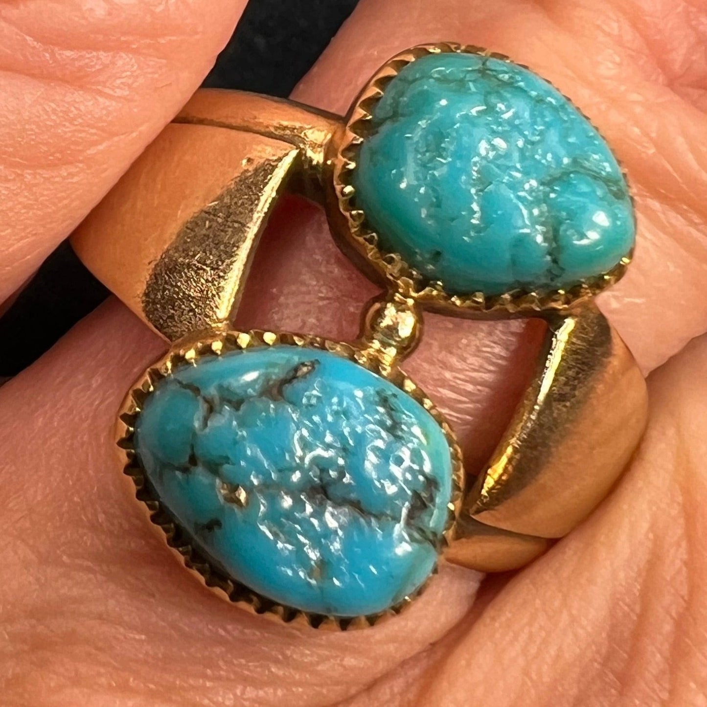 14k Gold Spiderweb Turquoise 2-Stone Ring. 3/4" Wide