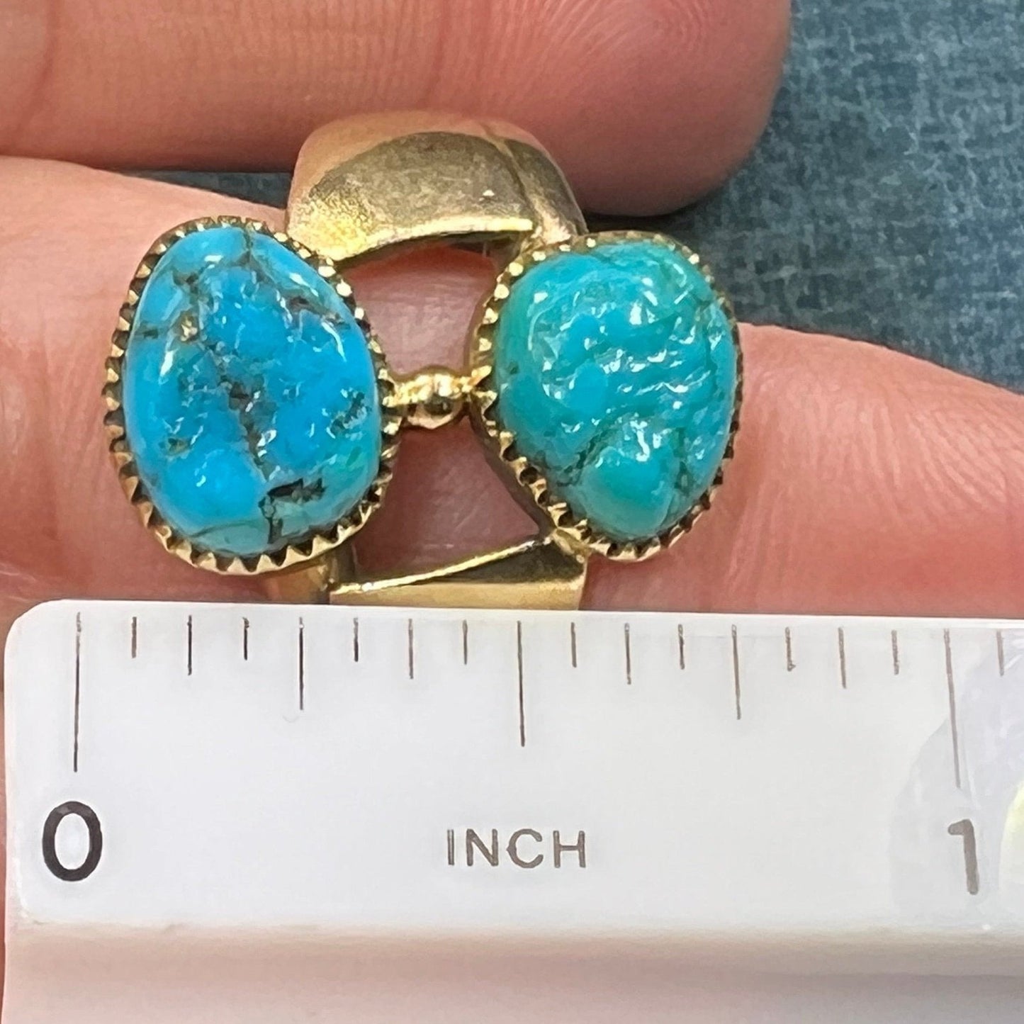 14k Gold Spiderweb Turquoise 2-Stone Ring. 3/4" Wide