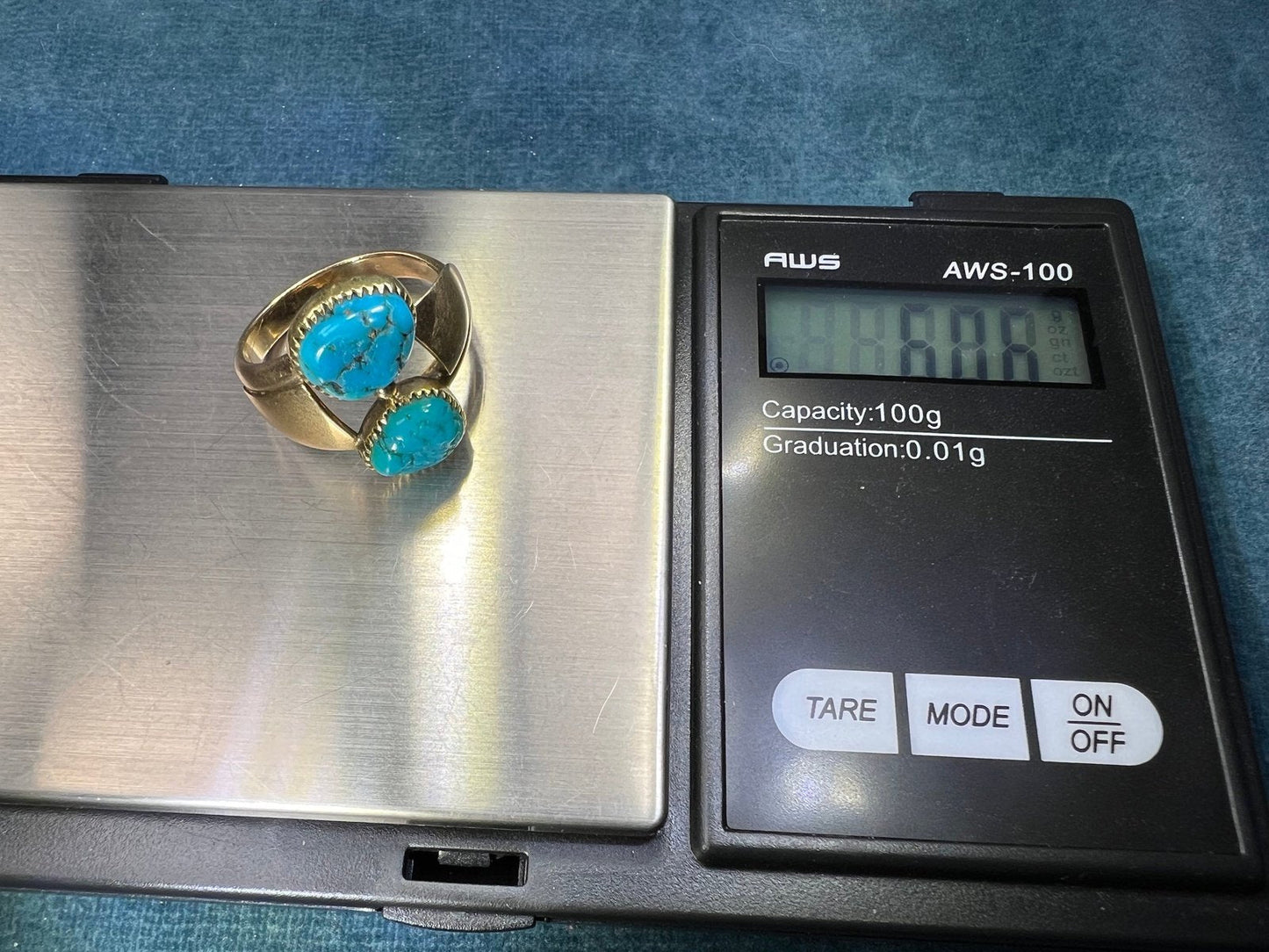 14k Gold Spiderweb Turquoise 2-Stone Ring. 3/4" Wide