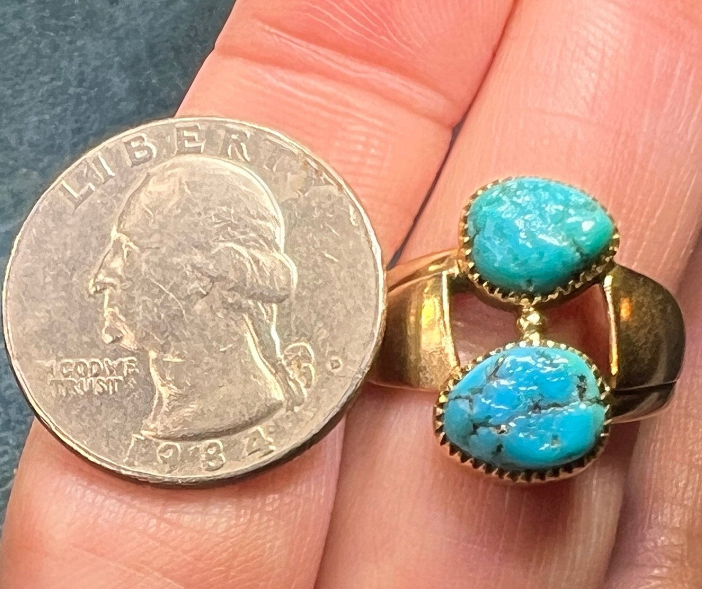 14k Gold Spiderweb Turquoise 2-Stone Ring. 3/4" Wide