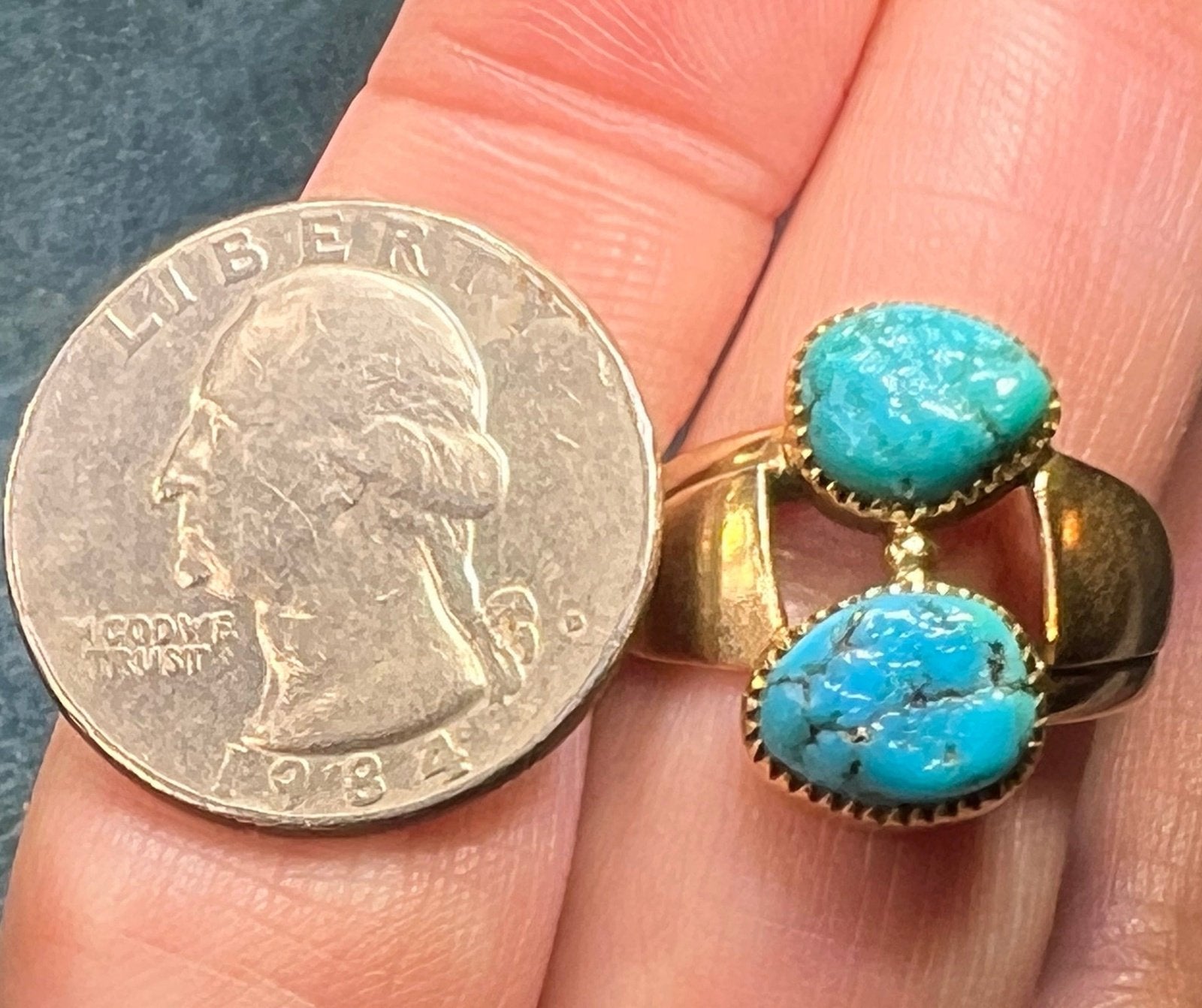 14k Gold Spiderweb Turquoise 2-Stone Ring. 3/4" Wide