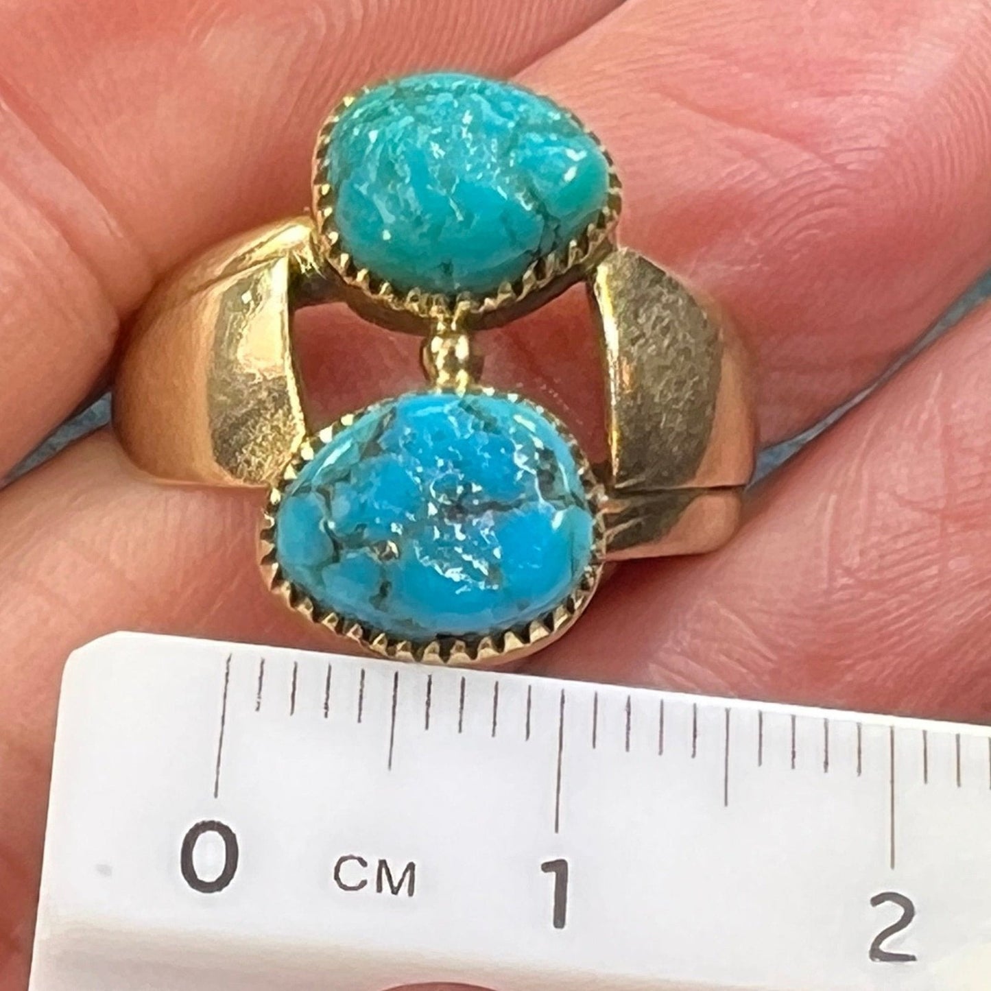 14k Gold Spiderweb Turquoise 2-Stone Ring. 3/4" Wide