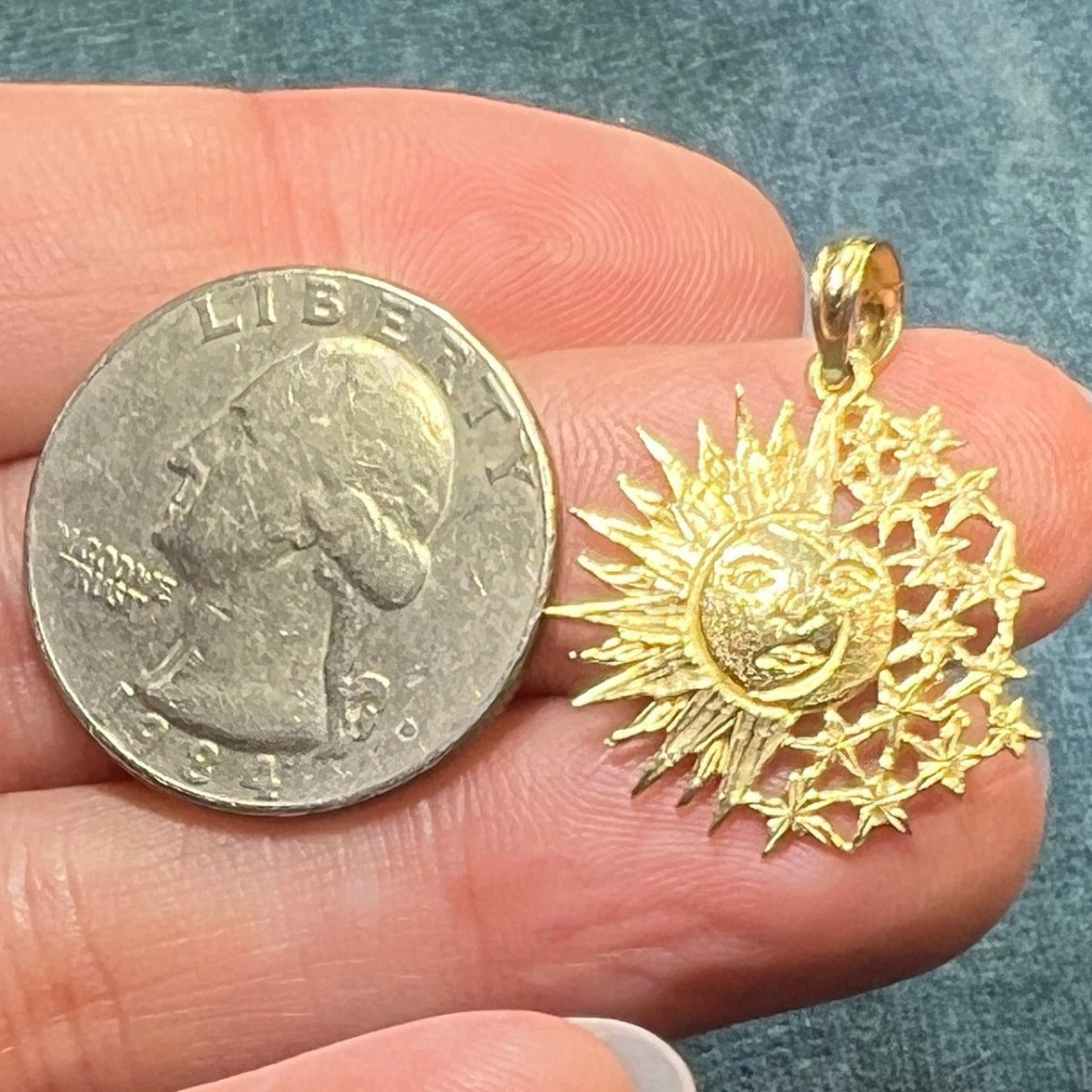 14k Gold Sun/Moon Face Pendant w Star Shower. Medallion 1"