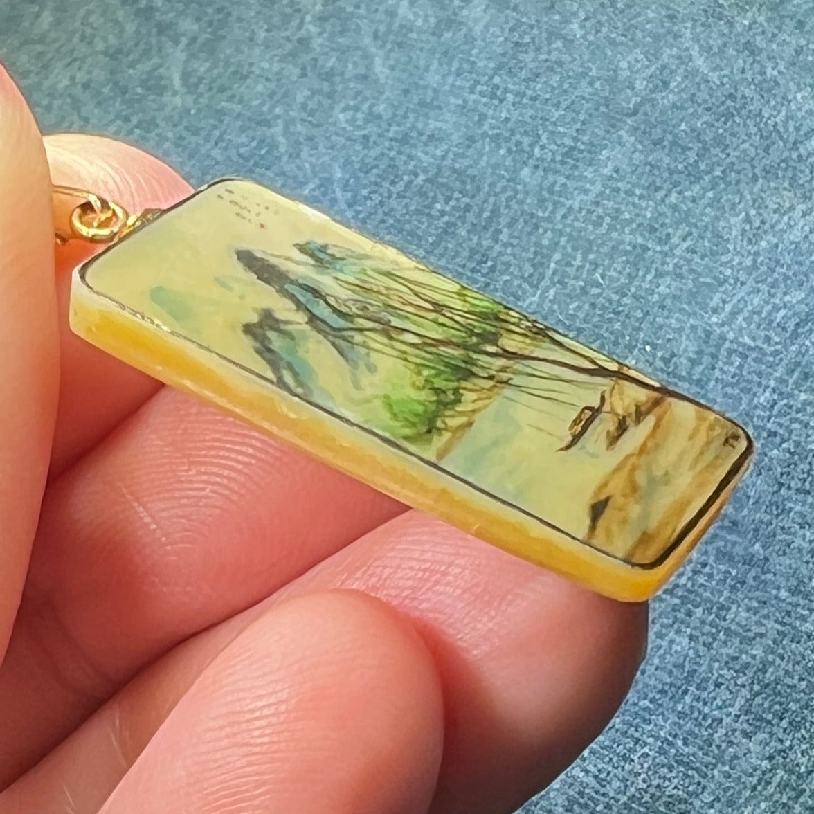 14k Gold TINY Japanese Scroll Painting Pendant. Mother of Pearl *Video*