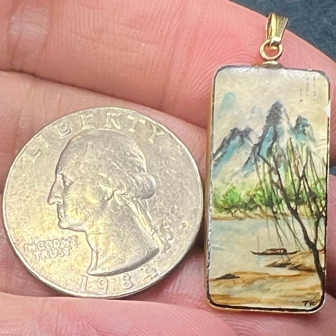 14k Gold TINY Japanese Scroll Painting Pendant. Mother of Pearl *Video*