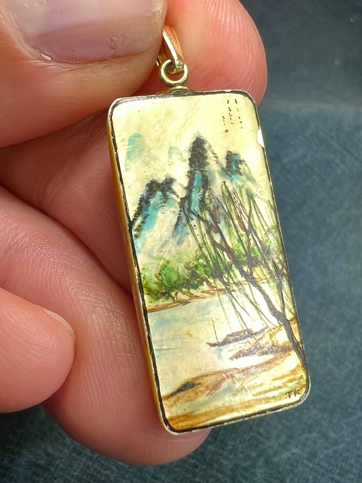 14k Gold TINY Japanese Scroll Painting Pendant. Mother of Pearl *Video*