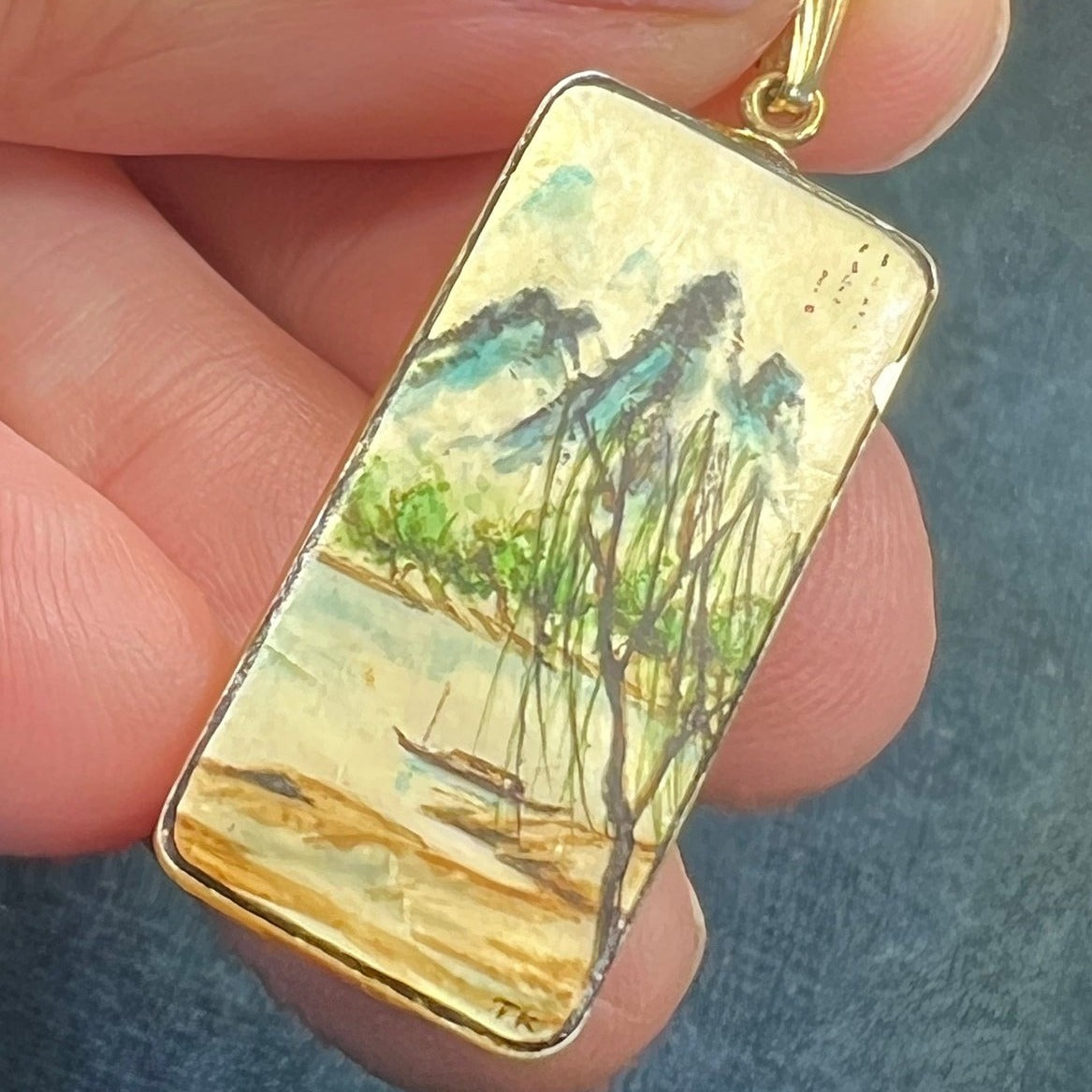 14k Gold TINY Japanese Scroll Painting Pendant. Mother of Pearl *Video*