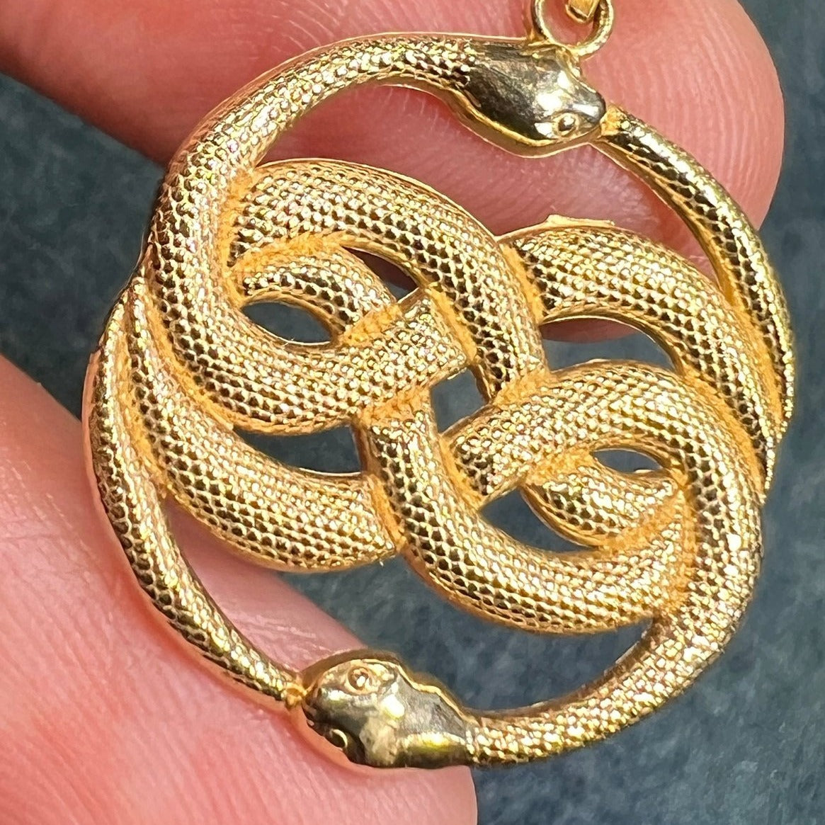 14k Gold Victorian Love Knot Double SNAKE Pendant. Medallion