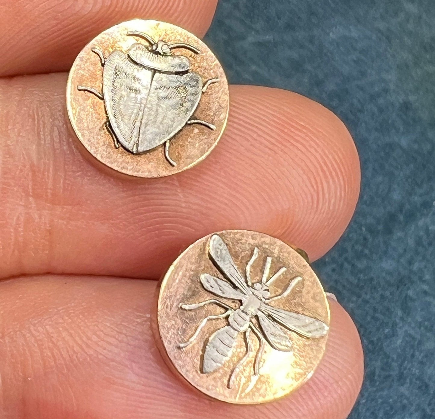 14k Rose Gold & Platinum Antique Insect Bug Disk Earrings