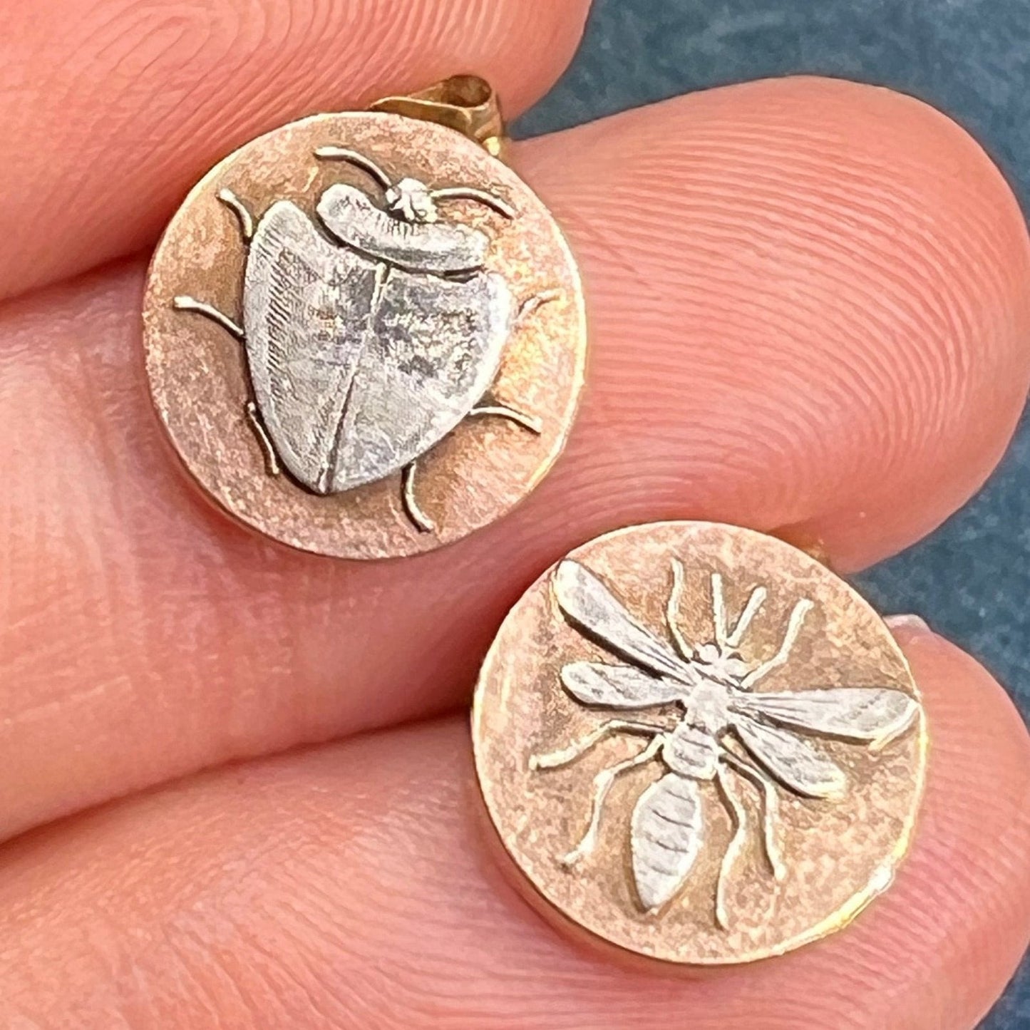 14k Rose Gold & Platinum Antique Insect Bug Disk Earrings