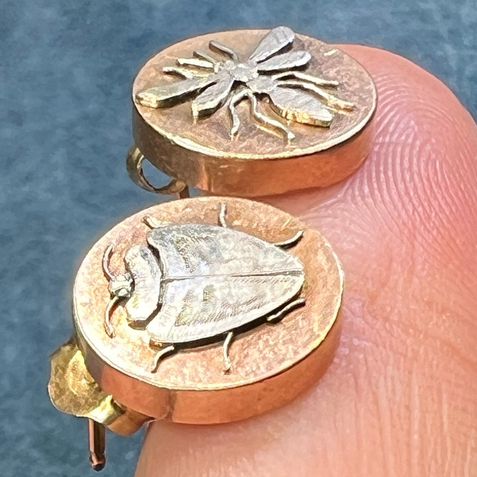 14k Rose Gold & Platinum Antique Insect Bug Disk Earrings